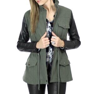 Rails Utility Cargo Jacket Lambskin Leather Sleeves Anorak Army Green Black Sz S